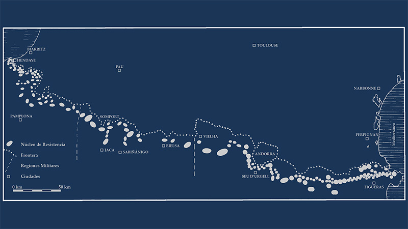 Mapa de núcleos de búnkeres de Línea P en Pirineos